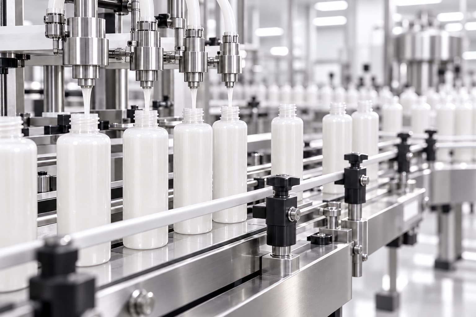 Concept visualization of bottles moving through a hair care filling line