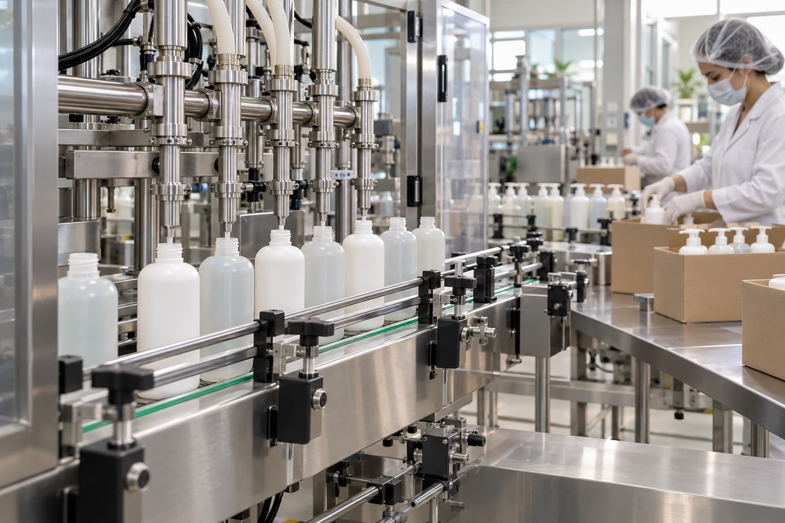 Concept visualization of a bright bottle filling and packing line