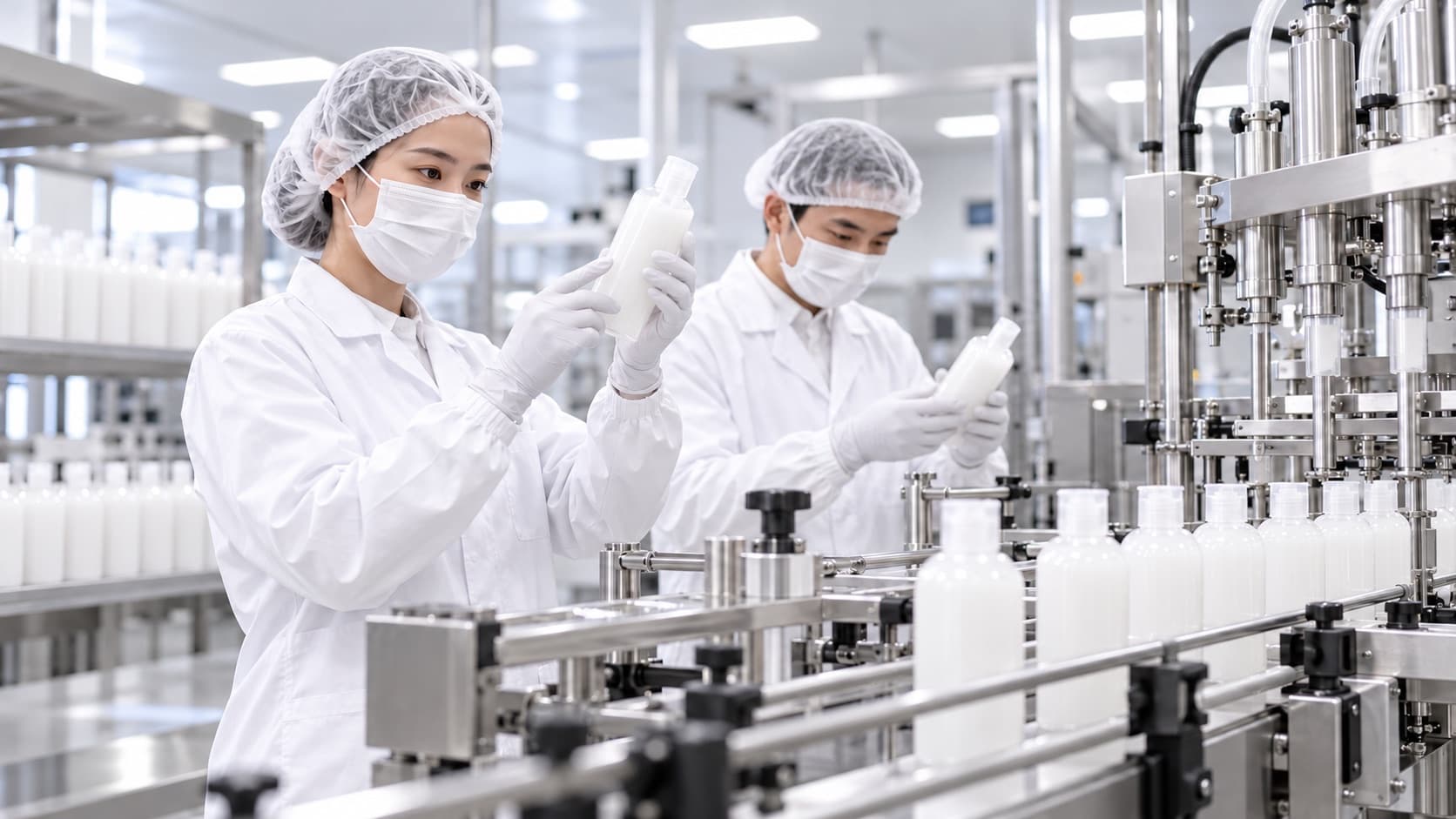 Concept visualization of operators inspecting unbranded bottles on a production line