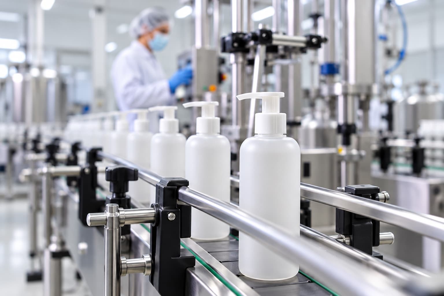 Concept visualization of pump bottles on a production conveyor