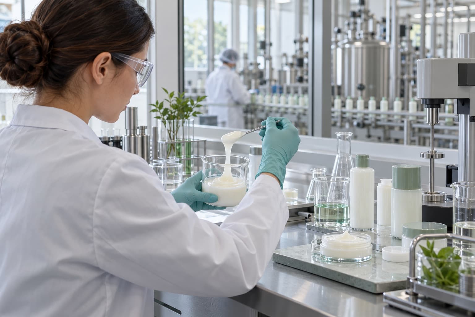 Concept visualization of hair care texture quality control in a bright laboratory